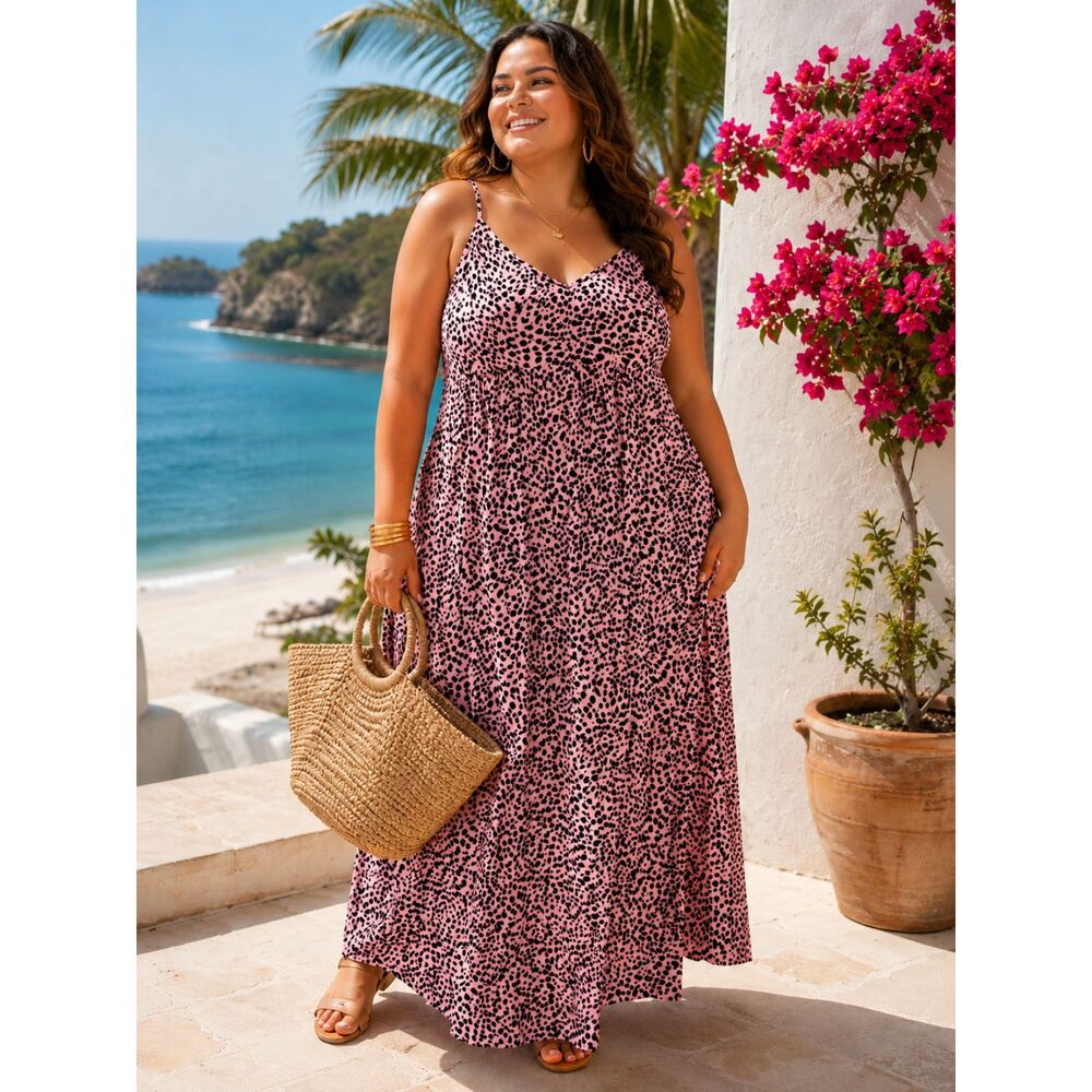 A BEAUTIFUL SOUL Pink/Black Leopard Print Cami Maxi Slip Dress, Adj Straps, 1X